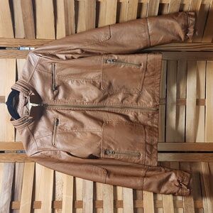 Maralyn & Me Tan Faux Leather Jacket Girls Junior Size L Carmel Coat Moto
